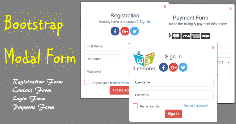 Bootstrap Modal Form - Contact, Login, Registration & Payment Form